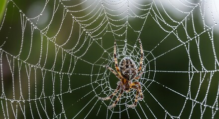 Spider spinning an intricate web adorned with glistening dew droplets
