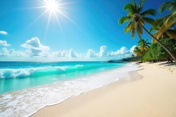 Wall Mural - Vibrant summer scene with sun-drenched beach, turquoise ocean waves crashing on the shore, and bright blue sky Perfect for travel, vacation, and holiday themes , blue, sky, sunny