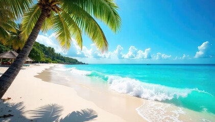 Wall Mural - Vibrant turquoise ocean waves crashing on a white sand beach, sunny skies overhead, palm trees swaying gently in the breeze Perfect escape, relaxation, vacation vibes , sunny, summer, ocean