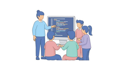 Teacher explaining code to students around a computer screen in a classroom, fostering collaboration and learning, creating a positive educational environment.