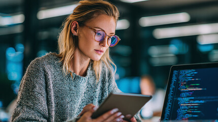 Woman coding with tablet & laptop. Focus & determination in a modern, blurred office environment. Digital workplace productivity at its finest.