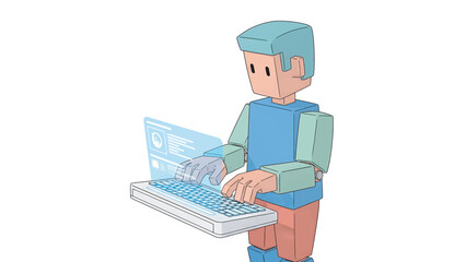 Stylized character interacts with holographic interface while standing in a minimalist white space, representing futuristic technology and digital interaction.