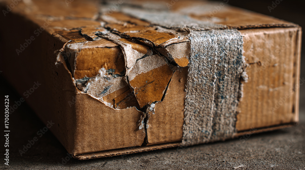 Distorted Package Worn Package: A close-up reveals the damage and wear on a cardboard box ...