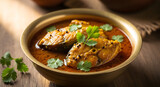 Bengali fish curry with mustard seeds and coriander in a bowl on table