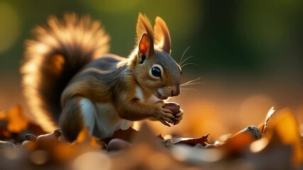 Wall Mural - A squirrel is eating a piece of food on the ground, a simple scene for your wildlife or nature images
