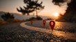 © horizon - Conceptual photo of three red map pins along a winding country road at sunset, representing a journey or travel itinerary with warm golden light.