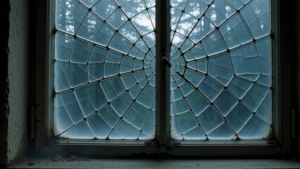 Intricate leaded glass window with a spiderweb pattern on a misty day