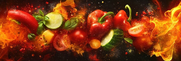 Vibrant vegetables exploding in a fiery display.