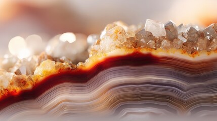 Detailed close-up of a beautiful agate geode with sparkling quartz crystals and intricate red and brown layered bands