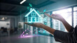 © Moharaj - Hands holding a glowing futuristic holographic projection of a house with a percentage symbol and growing financial graph symbolizing real estate investment and mortgage concept