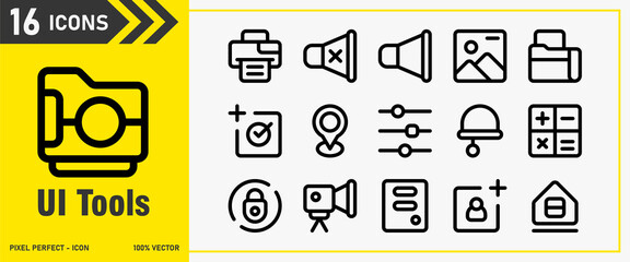 UI Tools  icon set. Editable Stroke Icon Collection. printer, volume, image, folder, location. Outline icons, icon interface, icon pack, vector collection.