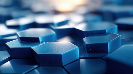 Abstract technology background with a futuristic pattern of blue glowing hexagonal shapes and a shallow depth of field
