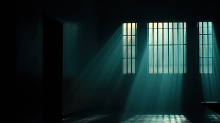 Wall Mural - Dimly lit room with barred windows allows beams of light to filter through, creating dramatic atmosphere. shadows and light interplay evoke sense of mystery and solitude
