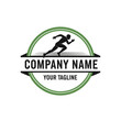 © mbak - Silhouette of a runner in motion, centered within a green circular frame and a horizontal banner for company name and tagline.