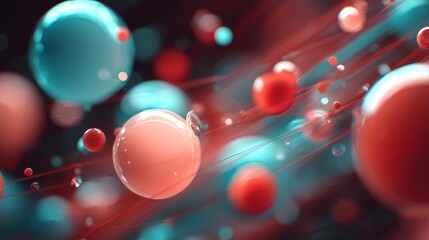 Abstract background with floating red and blue glossy spheres in dynamic motion with connecting lines and shallow depth of field