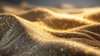 Wall Mural - Shimmering golden sand creates mesmerizing landscape, with soft waves and sparkling texture that evokes sense of luxury and warmth. light reflects beautifully, enhancing rich golden hues