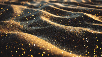 Wall Mural - Golden sand glistens under sunlight, creating mesmerizing texture with soft waves and sparkling particles. warm tones evoke sense of tranquility and beauty in nature