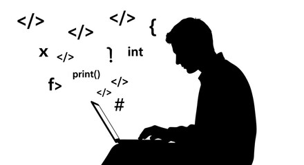 Silhouette of a programmer engrossed in coding, surrounded by programming symbols on a laptop.