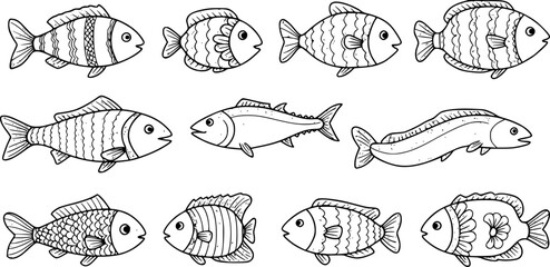 Various crayon drawn cute fish with decorative patterns. Hand drawn vector marine creatures. Doodle collection of kids’ fish icons, featuring salmon, tuna, eel, and other simple sea elements. 