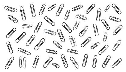 A scattered pattern of simple, black paperclips against a white background.