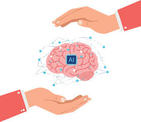 Wall Mural - artificial intelligence concept with human brain protected by hands and digital network connections 
