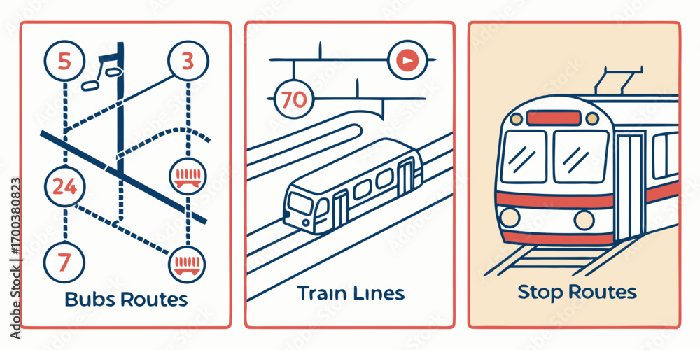 Illustrations of bus routes, train lines, and stop routes with numbers ...