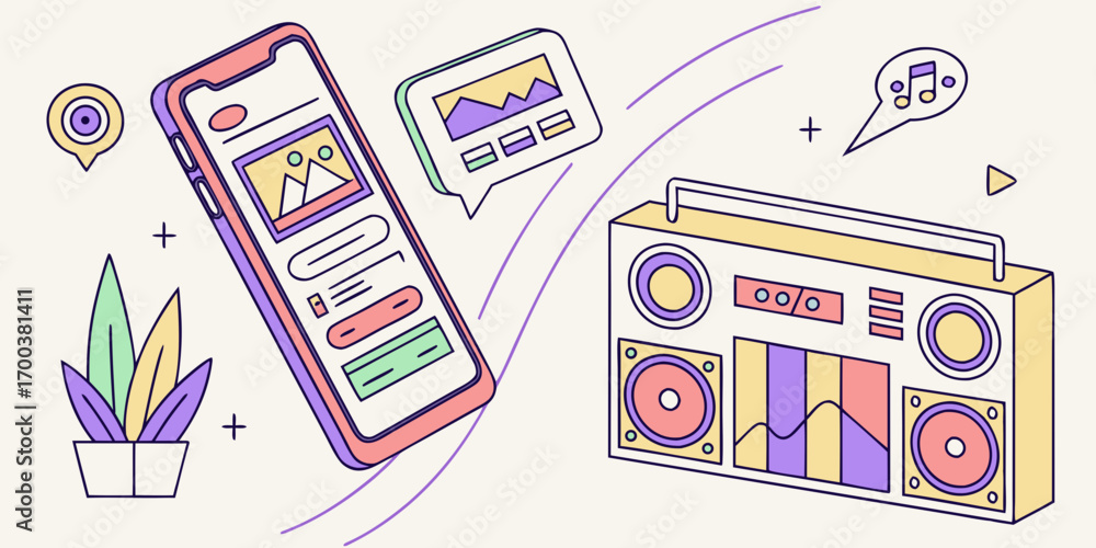 Smartphone with app interface and boombox Stock Vector | Adobe Stock