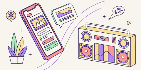 Smartphone with app interface and boombox