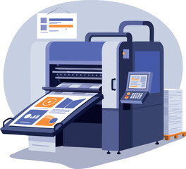 Industrial digital printing machine producing colorful charts and documents in modern print shop vector illustration
