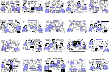 Web development. programming languages. css, html, it, ui. programmer cartoon character developing website, coding. flat illustrations set banner
