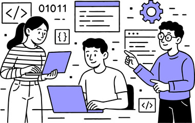 Web development. programming languages. css, html, it, ui. programmer cartoon character developing website, coding. flat illustration banner