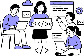 Web development. programming languages. css, html, it, ui. programmer cartoon character developing website, coding. flat illustration banner