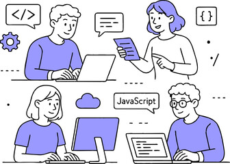 Web development. programming languages. css, html, it, ui. programmer cartoon character developing website, coding. flat illustration banner