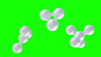 Set of abstract white connected ball or molecule structure rotation on green color. Science or medical 3d animation elements with chroma key background.