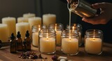 Artisanal process of making handcrafted scented candles in glass jars at a workshop