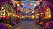 © Sea Lily - Festive Mexican street decorated with colorful flowers, glowing lanterns, and papel picado for Day of the Dead.