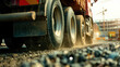 © Lisa - Low-angle view of a dump truck's wheels moving over gravel at a busy construction site, with dust rising and cranes visible in the background under the warm evening light