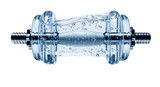 Cyan glass dumbbell filled with water shows unique texture, ideal for product photography, fitness branding, and conceptual video background.