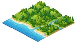 Isometric island landscape with sandy beach, lush green hills, and winding river