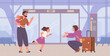 © Александра Гвардейце - Father with kids meeting mother at the airport terminal after a long separation flat vector illustration.