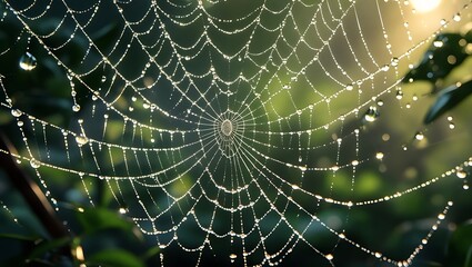 Dew drops adorn a delicate spiderweb in morning sunlight