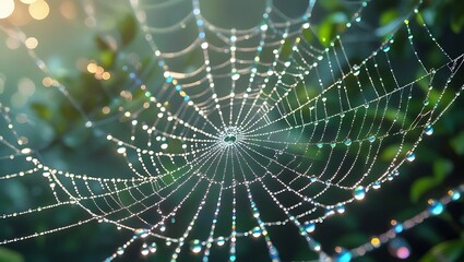 Dewdrops adorning a delicate spiderweb in morning sunlight