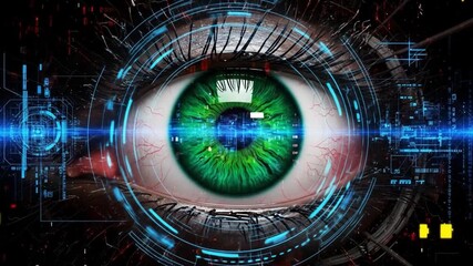 A green eye is encircled by a blue digital matrix with circuitry and geometric designs surrounding the eye