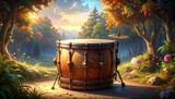 A large, rich-toned drum sits serenely amidst a picturesque forest at sunrise, bathed in warm sunlight.