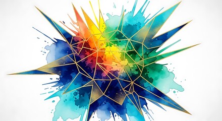 Chromatic geometric explosion of watercolor and golden lines splash art