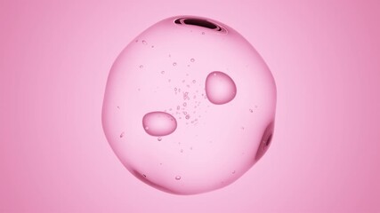 Transparent Liquid Drop with Air Bubbles on a Soft Pink Background, Seamless 3D Animation for Molecular Structures, Skincare Concepts, and Modern Cosmetic or Chemical Visualizations