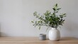 © Design Stock - Minimalist white ceramic vase with greenery and small gray pot on a light wood surface against a plain gray wall