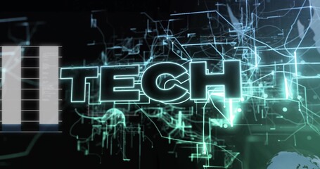 Wall Mural - Shining TECH lettering on console showing neon-green circuits and chart panel with globe silhouette