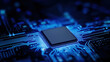 © Jasion - High-detail microchip close-up on motherboard with glowing blue circuit network overlay and dramatic cool lighting