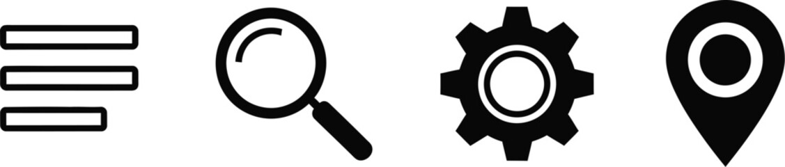 Set of four minimalist icons representing navigation menu user profile and settings silhouette